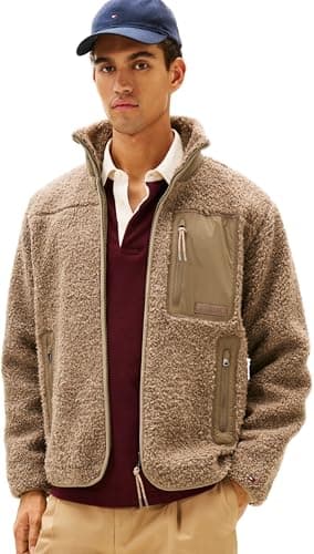 Image of Tommy Hilfiger Men’s Teddy Fleece Zip Through Sweatshirt with Stand Collar, Beige (Coastal Taupe), M