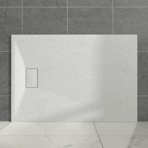 Image of Aquariss White Rectangular Shower Tray Slate Effect SMC Slip-Resistant Shower Base for Bathroom Enclosures 1400x900mm with Waste
