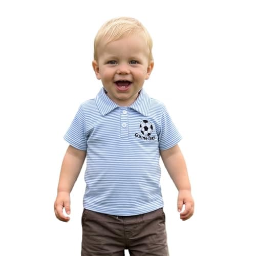 Image of Toddler Boys Football Polo Tees Game Day Boys Shirt Letter Embroidery Lapel Neck Short Sleeve Striped Tops Kids Little Boy Summer Clothes (Blue, 2-3 Years)