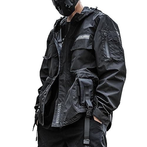 Image of XYXIONGMAO Streetwear Hooded Black Jacket Techwear Windbreaker Cyberpunk Tactical Cargo Streetwear Jacket Bomber Jacket Men, Black, S