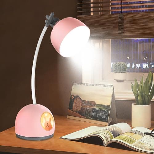 Image of SKIKHN LED Pink Kids Rabbit Desk Lamp,USB Rechargeable Desk Lamp,Cordless Table Light,4 Color Modes Dimmable Touch Table Light,Bedside Reading Lamps,Reading Light for Boys Girls College Bedroom Gifts