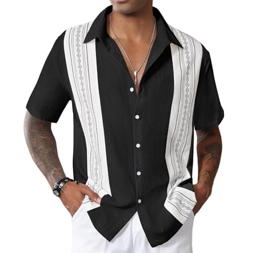Image of CTU Mens Bowling Shirts Short Sleeve Vintage Printed Shirt Button Down Hawaiian Holiday Shirts for Men Black L