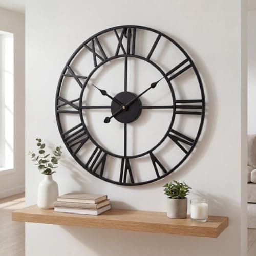 Image of Heaven4you Large Premium Wall Clock Roman Numerals Metal Indoor Big Round Open Face Black for Living Room Kitchen Office – Silent – Ready to Hang with Hook & Instructions for Hands 60cm/23.6inch