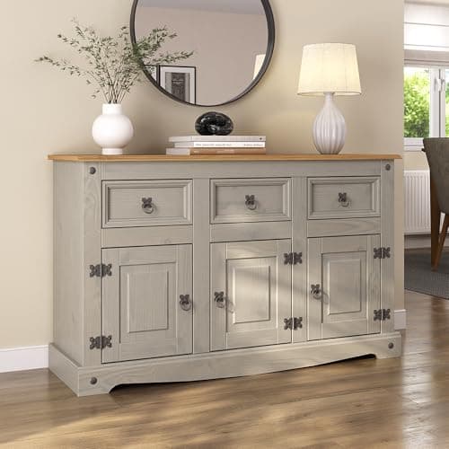 Image of Corona Grey Sideboard 3 Door 3 Drawer Cupboard Large Solid Mexican Pine Wooden Cabinet
