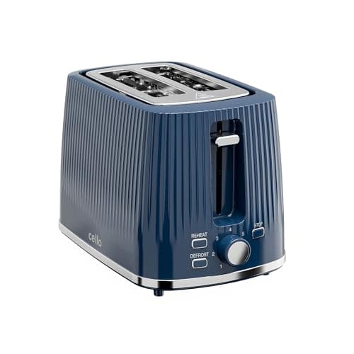Image of Cello TR191-BL Blue 2 Slice Toaster with Textured Design, Wide Slots, 850W Power, 7 Browning Levels, Cancel Reheat Defrost, High Lift, Crumb Tray, Cord Storage, Illuminated Controls