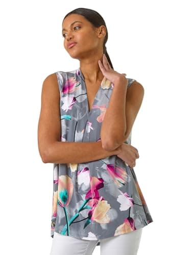 Image of Roman Sequin Front Pleat Vest for Women UK - Ladies Autumn Everyday Winter Holiday V-Neckline Comfy Sleeveless Soft Sparkle Shirt Dinner Date Tops - Floral Pink - Size 16