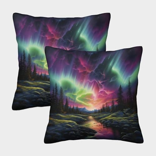 Image of NRAOPEVVD Northern Lights Cushion Cover 2 Pack Decorative Machine Washable Pillowcases Square Cushions with Invisible Zipper Cushion Covers for Sofa Car Bed Outdoor Decor Throw Pillow Cases 40x40cm