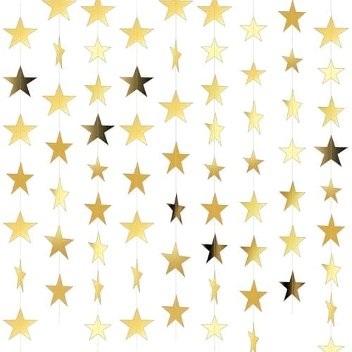 Image of 52 Feet Reflective Star Paper Garland,Sparkling Star Bunting Banner Hanging Decoration,Sparkling Bunting Banner for Birthday Wedding Banner Backdrop,4 Packs Gold (Star)