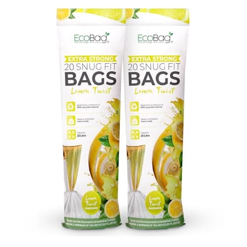 Image of EcoBag - Lemon Scented Kitchen Drawstring Bin Liner - 20L - 24 Microns - Heavy Duty, Extra Strong, Brabantia Compatible, Tear Resistant, Fresh Smell (420 x 760mm) (20L, Pack of 1 (40 Count))