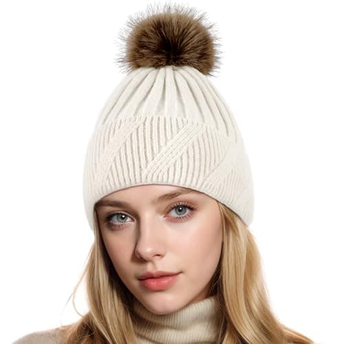 Image of NEOLA Winter Hats for Women - Fleece Lined Beanie Hat Ladies Soft Warm Knit Bobble Hat with Detachable Chunky Faux Fur Pom Pom for Outdoor Sports Ski UK