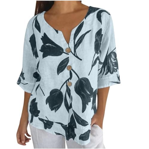 Image of Ladies Tops Size 20 UK Summer Linen Shirt Half Sleeve Button up t Shirts Women Blouses v Neck Tunic Tops Baggy Solid Plain Casual Short Sleeved Shirts Trendy Going Out Blouse