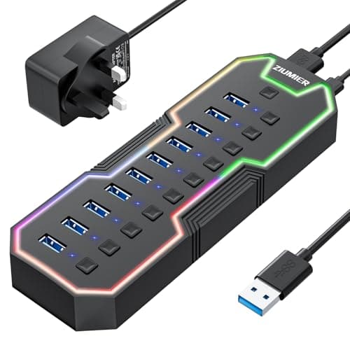 Image of ZIUMIER Powered USB Hub, 10 Ports USB 3.0 Hub with RGB LED Strip and 12V/2A Power Adapter USB Extension for MacBook, Mac Pro, Mac mini, iMac, Surface Pro, XPS, PC, Flash Drive, Mobile HDD