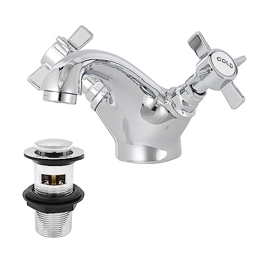 Image of Victorian Bathroom Sink Tap for Basin with Pop Up Sink Plug Dual Cross Lever Chrome Brass Swan Neck Bathroom Tap Mixer Traditional Basin Mixer Tap 044CR