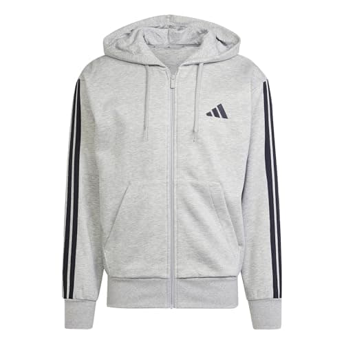 Image of adidas Men's ESSENTIAL THREE STRIPES FLEECE ZIPPER HOODIE, medium grey heather/black, XL
