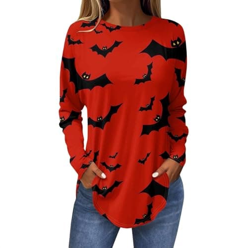 Image of HUIFUAO Funny Halloween Shirts Women Scary Pumpkin T Shirts Bat Ghost Tops Horror Halloween Costumes Long Sleeve Tunic Pullover Festival Outfits (Z12-Red, M)