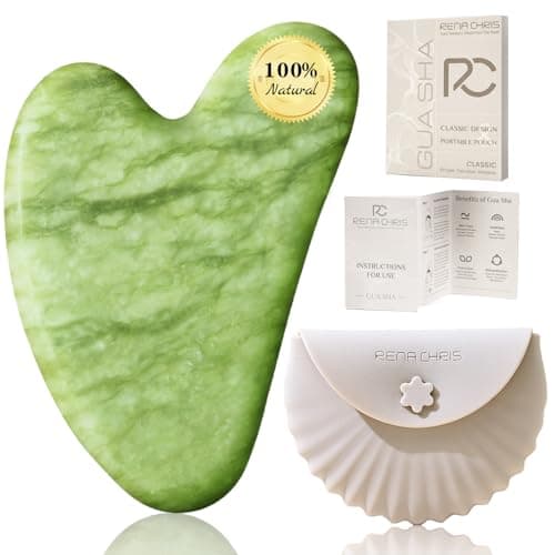 Image of Rena Chris Gua Sha Facial Tools, Jade Gua Sha Stone for Face Massage, Jawline Sculpting & Puffiness Reduction with Silicone Case (Green)