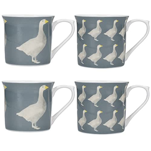 Image of KitchenCraft Country Grey Glazed Stoneware Geese Set of 4 Fluted Tea Coffee Mugs 425ml