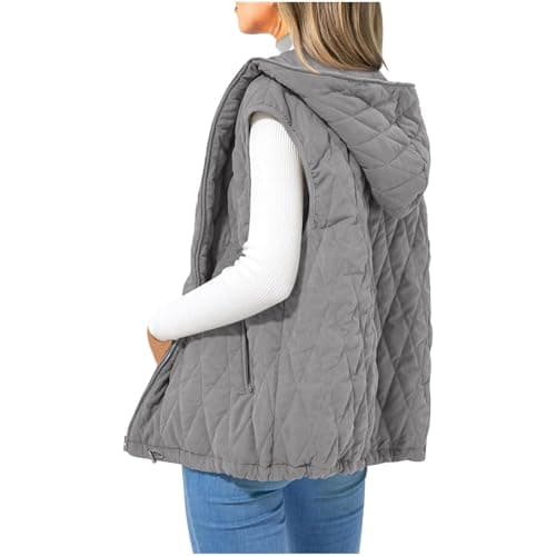 Image of duxyoz Womens Padded Gilet Ladies Body Warmer Sleeveless Casual Gilet Vest Hooded Lightweight Zip Quilted Solid Color Outdoor Winter Puffer Coats Windproof Loose Waistcoat Outwear 01 Gray