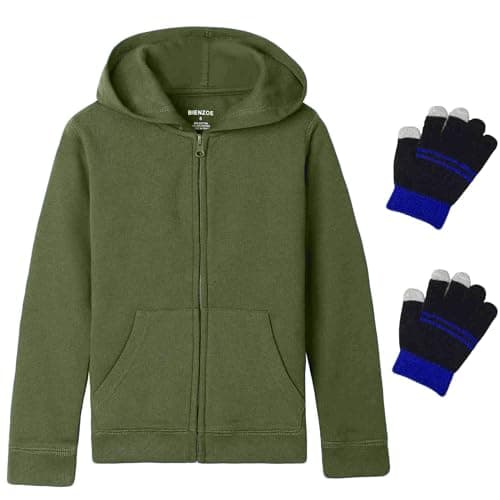 Image of Bienzoe Boys Zip Up Hoodie: Kids Soft Anti-Pilling Fleece School Uniform Sweatshirt Olive 10