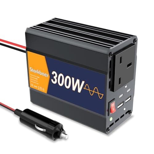 Image of Starkbaer 300W 12V to 240V pure sine wave inverter, car inverter cigarette lighter, power converter with 4 USB ports and 1 UK G sockets. Outdoor power supply Durable and Powerful, aluminum alloy