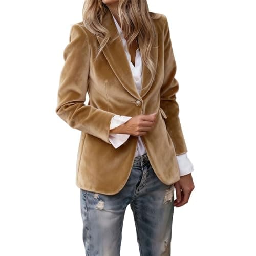 Image of Velvet Blazer Jackets for Women Long Sleeve Notched Lapel Button Suit Jacket Luxury Elegant Slim Fit Tailored Coat Office Fall Winter Casual Business Open Front Outerwear Gold