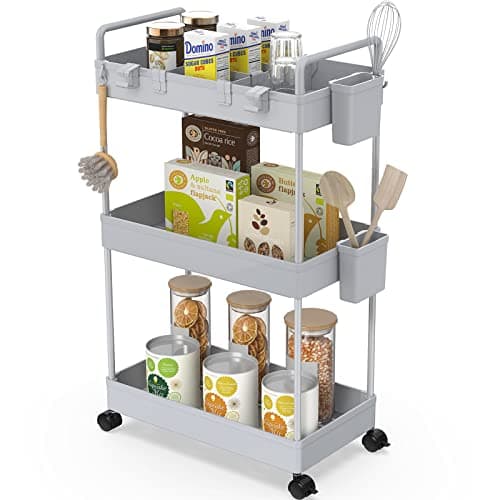 Image of Ronlap Slim Storage Trolley, 3 Tier Rolling Cart Storage Organizer, Utility Rolling Cart with Handle Hanging Cups Dividers for Office Bathroom Kitchen Laundry Room Narrow Places, Grey