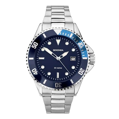 Image of Sekonda Wave Mens Watch – 39mm Sports Watch for Men with Blue Dial, Rotating Bezel, Stainless Steel Bracelet and Date Window – 50m Water Resistant – 2 Year Warranty