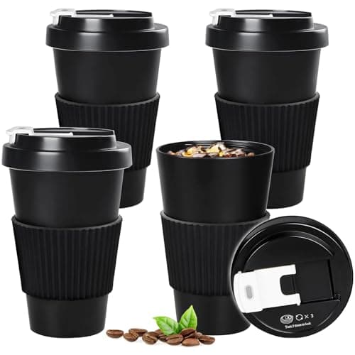 Image of Greentainer Travel Mugs with Lids, Plastic Unbreakable Leakproof Coffee Cups, 400ml Reusable to Go Camping Tumbler for Cold Water, Beer, Milk, Dishwasher & Microwave Safe, Set of 4