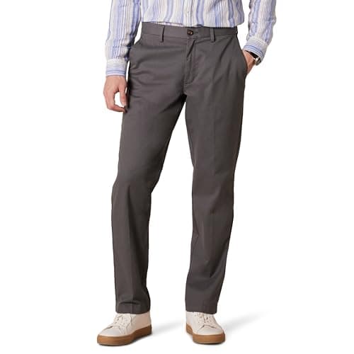 Image of Amazon Essentials Men's Straight Fit Wrinkle-Resistant Flat-Front Casual Chino Trousers, Grey (Grey), 38W / 34L