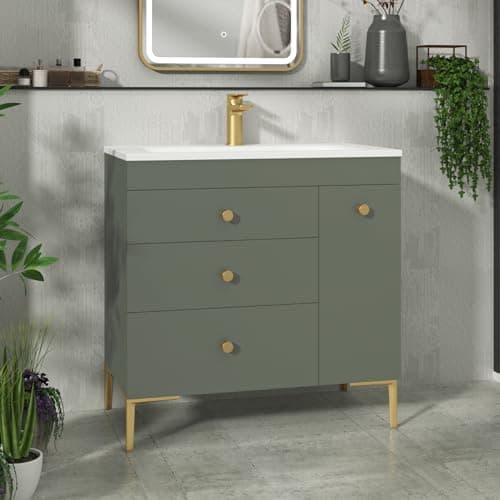 Image of Royal Bathrooms Verona 800mm Floor Standing Vanity Unit Stone Basin 3 Drawer & Side Pull OutCabinet Furniture Matt Green with Brushed Brass Knob
