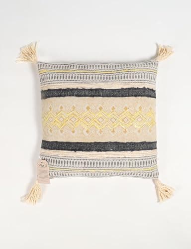 Image of Block Printed Cotton Geometric-Tribal Tasselled Cushion Cover 46x46 cm Yellow & Grey | Handmade Boho Decorative Throw Pillow Case | Ethnic Pattern Cotton Cushion for Sofa, Bed & Living Room