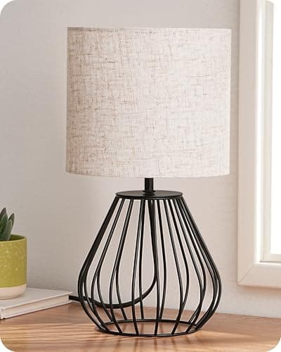 Image of EDISHINE Bedside Lamp, Table Lamp with Metal Cage Base & Linen Lampshade, Modern Lamps for Living Room Bedroom, E14 Socket (Bulb Included), Teardrop Cage, Black