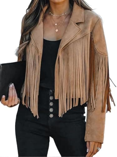 Image of Bibowa Faux Suede Leather Jackets For Women Trendy Cowgirl Outfits Fall Western Fringe Cropped Jacket 2025 Tassel Motorcycle Crop Coats Winter Dark Khaki S