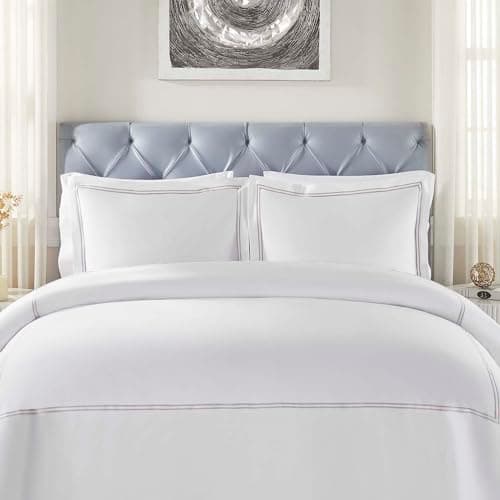 Image of Superior Embroidered Cotton Duvet Cover Set, Soft Bedding Covers, 1 Duvet Cover with Button Closure, 2 Pillow Shams, Two-Line Design, Fieldstone Collection, King/California King, White-Silver