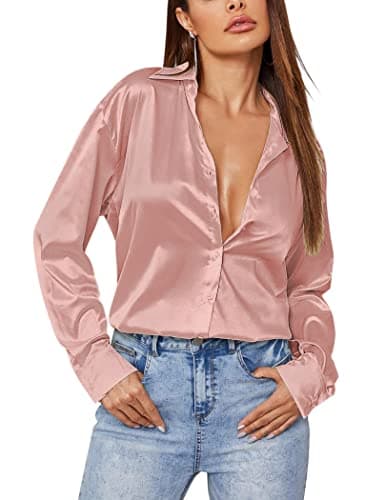 Image of Zeagoo Silk Shirts for Women UK Women's Satin Silk Long Sleeve Button Down Shirt Formal Work Blouse Top Pink L