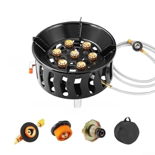 Image of Feeshoppher 7-Core Camping Stove 19800W High Windproof Gas Burner with Rotating Control, Foldable Stainless Portable Cooker for Hiking Backpacking Outdoor Cooking, Black