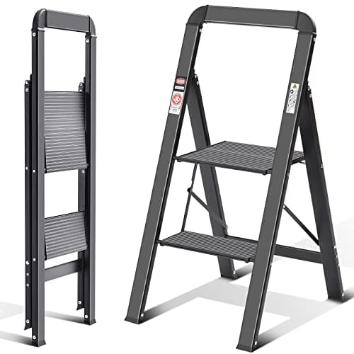 Image of KINGRACK 2 Step Ladder with Handrail, Non-Slip Household Ladder with Folding Safety, Aluminium Folding Step Stool, Maximum Load 150 kg, Black