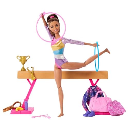 Image of Barbie Gymnastics Doll & Accessories, Playset with Brunette Fashion Doll, C-Clip for Flipping Action, Balance Beam, Warm-Up Suit & More, HRG53