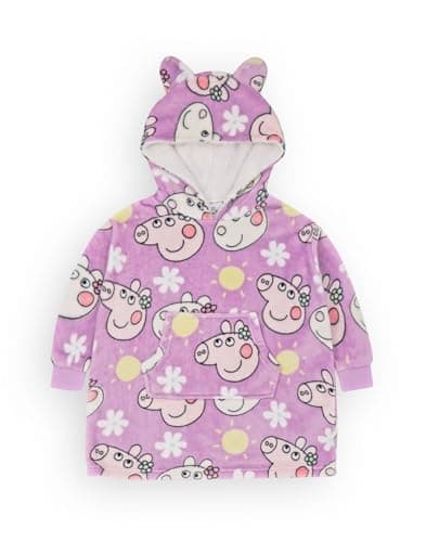Image of Peppa Pig Girls Wearable Blanket Hoodie | Kids Oversized Pink/Purple Hooded Fleece Loungewear | Peppa Suzy Sheep Flower Cartoon All Over Print | Sleepwear Costume Merchandise Gift for Children