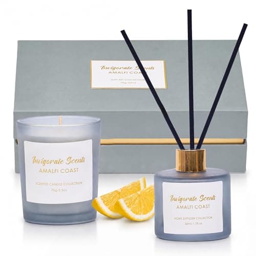 Image of Invigorate Scents Candle Gift Set for Women & Men | Amalfi Coast Lemon | Soy Wax, 20hrs Burn Time, 1 Month Diffuser Aroma | Candle & Diffuser Gift Set | Presents for Women | Gifts for Her