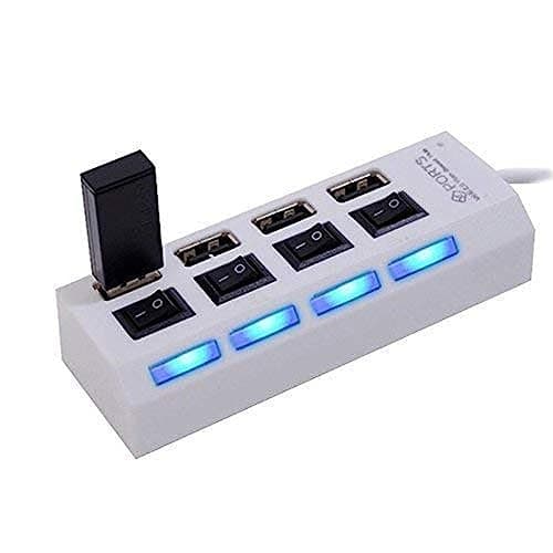 Image of High Speed 4-Port USB 2.0 Hub with On/Off Switch, Ultra-Slim Multi LED Adapter for Desktop Pc Laptop etc. (White)