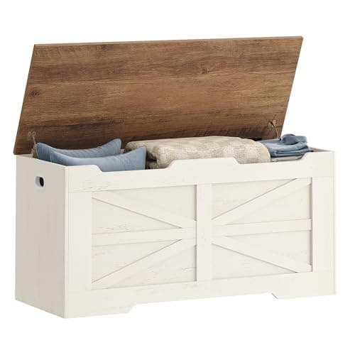 Image of Hzuaneri Storage Chest, Storage Bench, Wooden Blanket Box Trunk with 2 Hinge, Lift-Top Organizer Chest, Shoe Bench for Hallway, Bedroom, Living Room, 40 x 100 x 48 cm, White and Brown SB03414X