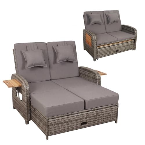 Image of Panana 4-in-1 Rattan Garden Loveseat Daybed with Storage Ottoman, 2 Seater Outdoor Sofa Sun Lounger with Adjustable Backrest, Acacia Wood Side Trays, Grey Patio Furniture Set for Balcony Terrace