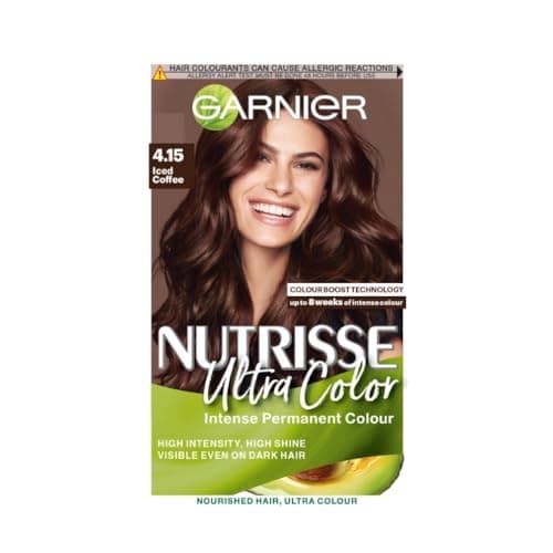 Image of Garnier Nutrisse Ultra Color Hair Dye. For 100% Grey Coverage and a cool sophisticated 8-week colour, No-ammonia, Vegan formula, Modern Iced Coffee Tone, Shade: 4.15 Iced Coffee Brown