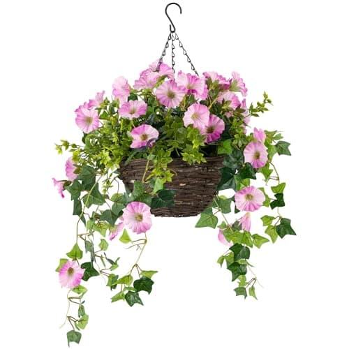 Image of CHRISTOW Artificial Petunia Hanging Basket – Ready to Hang Wicker Garden Planter with Pink Flowers, Gypsophila & Ivy, UV-Resistant PE Leaves, Pre-Fitted Triple Steel Chain, 25cm Basket Diameter