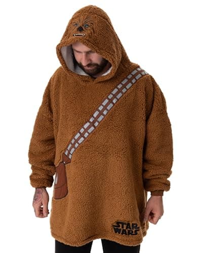 Image of Star Wars Chewbacca Unisex Wearable Blanket Hoodie | Adults Brown Hooded Pullover with Bandolier Strap & Bag Graphics | One Size Sherpa Lined Loungewear with Fur Hood | Classic Movie Merchandise Gift