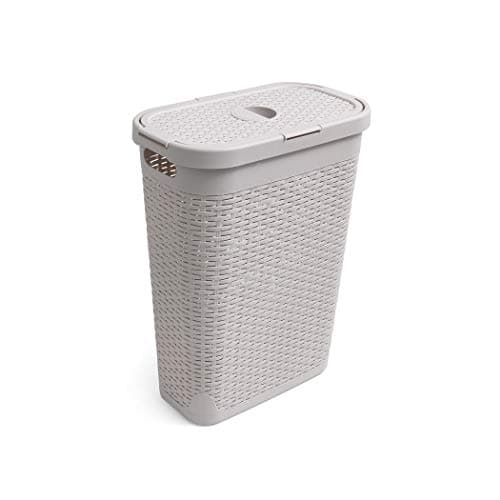 Image of Addis Faux Rattan 40 Litre Family Slim Laundry Clothes Washing Hamper Bin with Lid, Beige, Calico/Cream