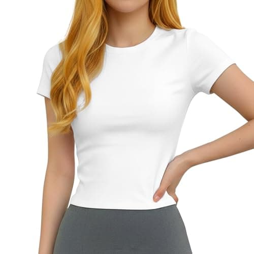 Image of LEHEEYWT Women's T-Shirts, Basic Short Sleeve Crop Top White T Shirt Women, Y2K Crew Neck Sexy Slim Fit Black T Shirts Womens Going Out Tops (UK, Alpha, L, Regular, Regular, White)