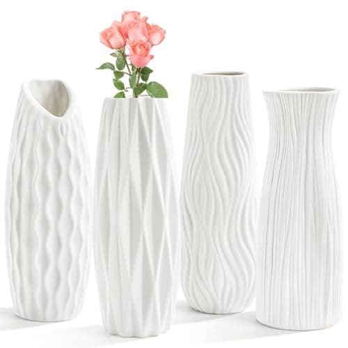 Image of Peohud 4 Pack White Ceramic Flower Vases, 20cm / 9.5 Inch Tall Flower Vases for Home Decor, Modern Minimalist Floral Vase for Centerpieces, Table Shelf Bedroom Kitchen Living Room