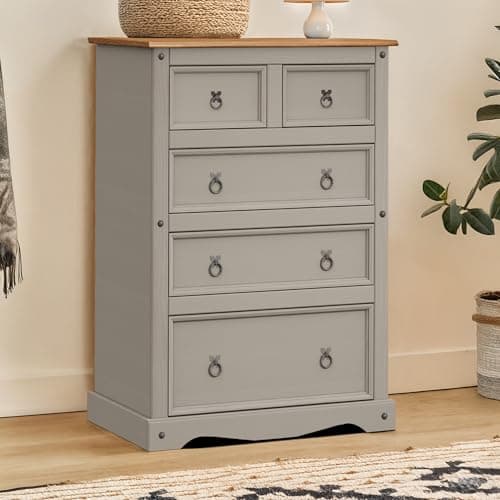 Image of Mercers Furniture Corona Grey Painted Wax 2+3 LARGE Chest Of Drawers Solid Wood Pine Wooden Tall Bedroom Storage Dresser Mexican Style 129cm High 92cm Wide 48cm Deep